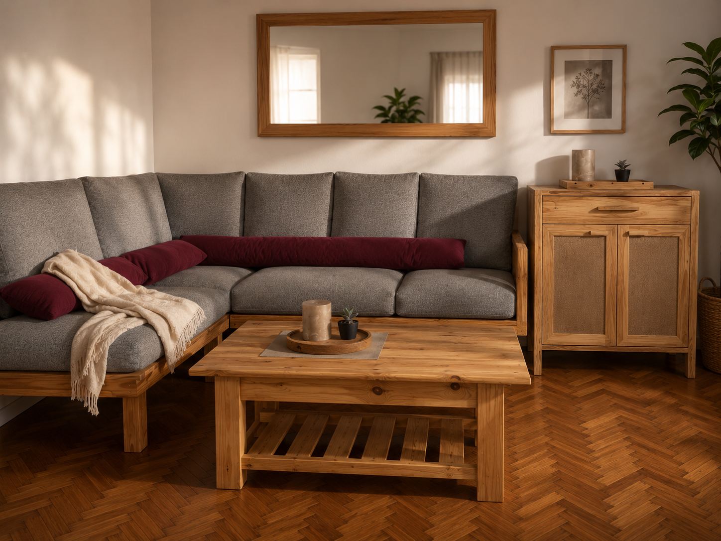 Living con mesa ratona y aparador de madera de Jasihome Deco